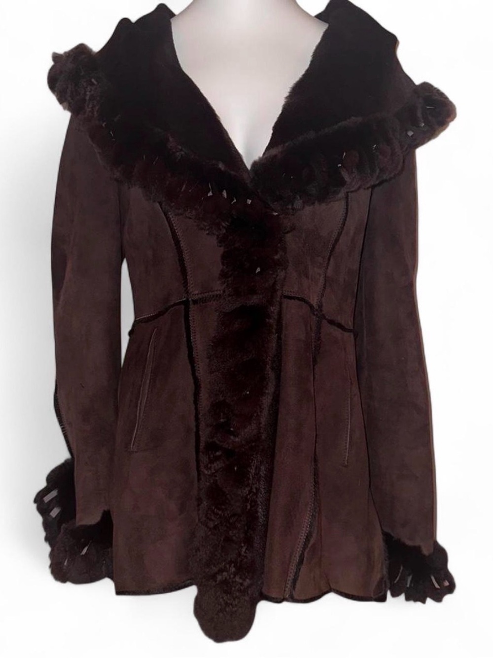 Vakko Dark Brown Suede Shearling Hooded Jacket